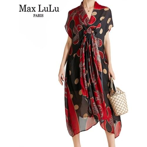 Max LuLu Summer New 2021 Fashion Female Dot Printed Chiffon Dress Women V-neck Short Sleeve Dresses Lady Elegant Loose Vestidos