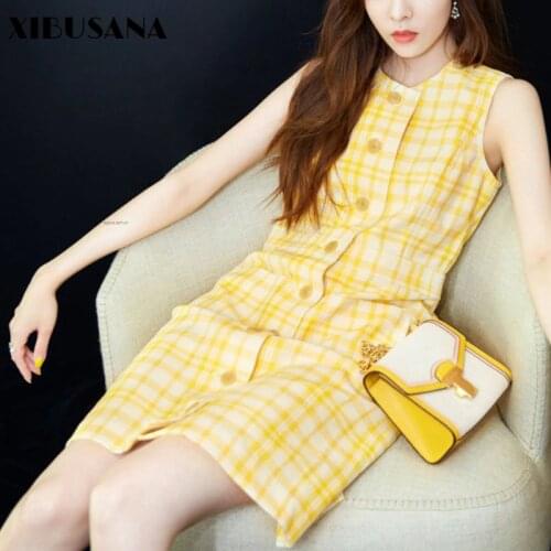 Women Yellow Plaid Dress 2021 New Summer Sleeveless Cotton and Linen Dresses Female Single-breasted O-Neck Girl Patry Mini Dress