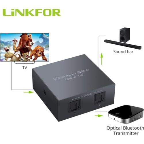 LiNKFOR Digital Audio Splitter 2 Port SPDIF Toslink Optical 1 In 2 Out Aluminum Alloy With Optical Cable Support AC3 LPCM AC3