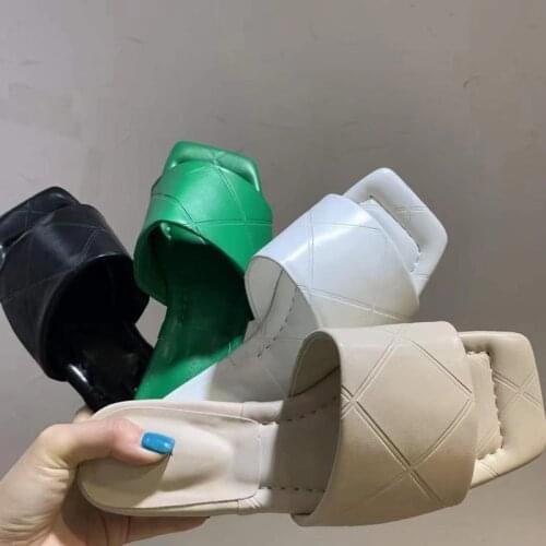 Bailamos Women Slippers Rhombus Leather Mules Beach Shoes Brand Slides Square Toe Runway Shoes Woman Flat Sandals