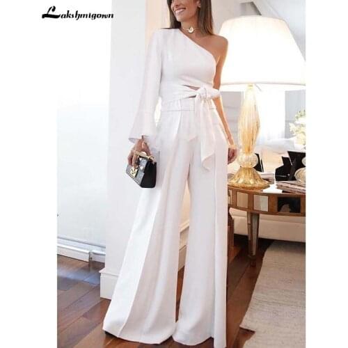 White Satin Jumpsuits Wedding Dresses Long Sleeves Sexy One Shoulder Beach Garden Bridal Dress Princess Women Pant Suits vestido