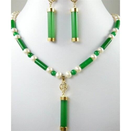 FREE SHIPPING charm green jade /purple -white pearl necklace + pendant earring set