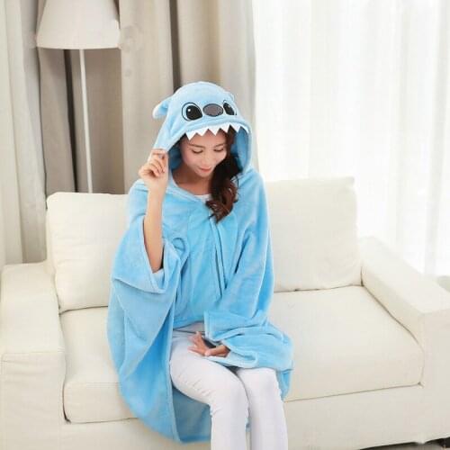 Disney Lilo and Stitch Coral Fleece Fabric sofa Blanket with Hooded Cute Cartoon Cosplay Cloak Throw Blanket for Adult kids gift