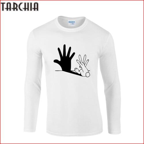 TARCHIA Hand Shadow Print T Shirt Men Slim Fit Cotton T-Shirt Blue White Long Sleeve Tshirt Casual Mens Clothing Camiseta Homme