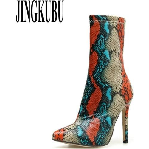 JINGKUBU Women Zipper Ankle Boots Sexy Party Thin Heel Pu Leather Boots Ladiess Serpentine High Heels Chelsea Boots Size 42