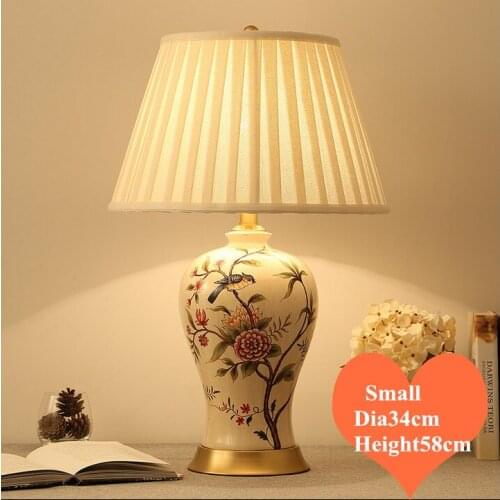 Chinese flower bird ceramic small Table Lamps European plaited linen lampshade copper base E27 LED lamp for bedside&foyer MF031