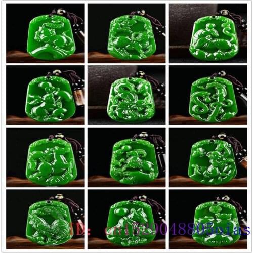Chinese Zodiac Jade Pendant Necklace Chinese Men Jewelry Jadeite Carved Green Charm Fashion Gifts Amulet Natural Women