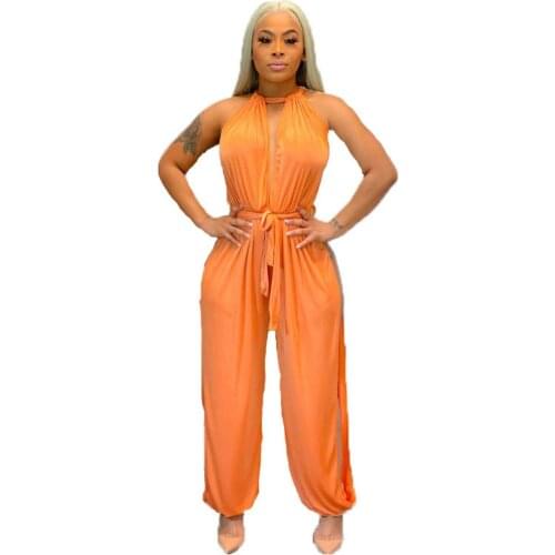 African Slacks Womens Side Leakage Split Solid Color Jumpsuit European And American New Nightclub Sexy Wide Leg Trouser Suit