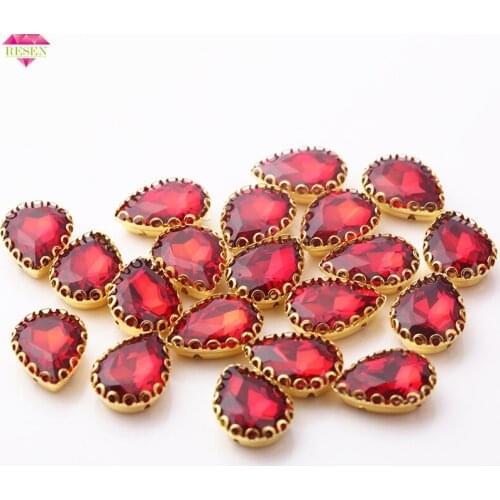 RESEN 10x14mm 20pcs/lot Red Teardrop Sewing Rhinestones Flatback Sew On Rhinestones Gold Claw Siam Drop Stone Dress Accessories