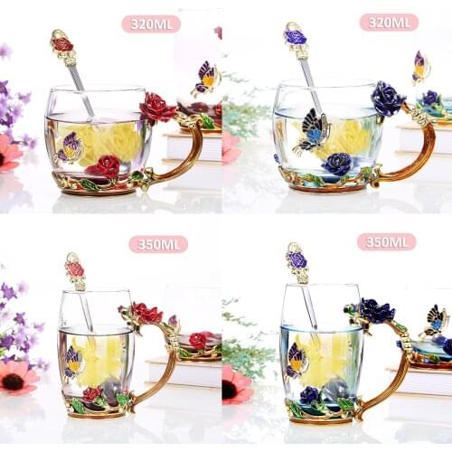 350ml/320ml Class Mugs Enamel Flower Glass Cup Heat Insulation Tea Clear Cups Coffee Drinkware Drink Cups With Spoon Clean Cloth