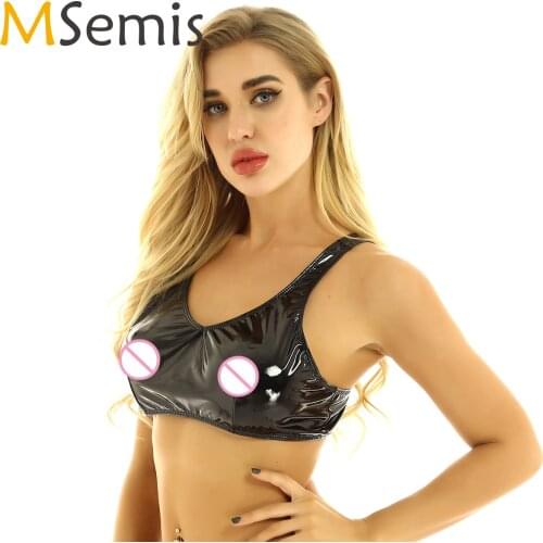 Hot Womens Ladies Wetlook Clubwear Leather Lingerie Exotic Tanks Straps Bra Open Nipples Hole Sexy Bra Top Female Latex Crop Top