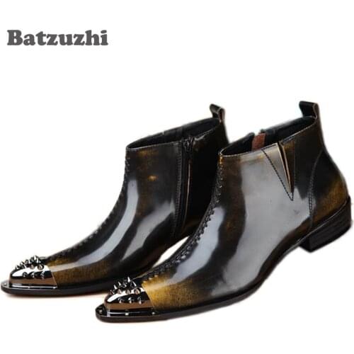 British Style Fashion Point Toe Man Boots High Tide Help Steel-toed Leather Short Boots Man Rock Personality, Big Size 38-46