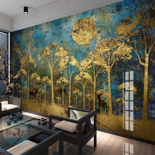 Custom Any Size Mural Wallpaper Abstract Mood Golden Forest Bird Wall Cloth Living Room TV Sofa Home Decoration Wall Paper Roll