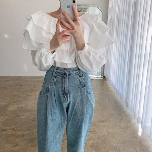 2021 New White Ruffles Pullovers Blouses Fashion All Match Full Sleeves Gentle Lady Autumn OL Loose Women Solid Tops