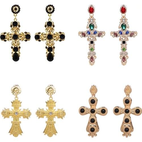 Wholesale JUJIA New Rhinestone Crystal Cross Earrings For Women Fashion Baroque Drop Dangle Earrings Big Earrings Jewelry
