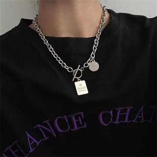 Harajuku Dark Wind Round Square Brand Combination Necklace Letter Stainless Steel Necklace Hiphop Clavicle Chain OT Chain