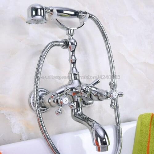 Polished Chrome Wall Mount Bathtub Faucet Dual Handles Swivel Spout Mixer Tap with Hand Sprayer Kna195