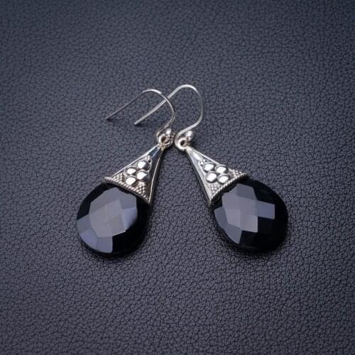 StarGems Natural Black Onyx Handmade 925 Sterling Silver Earrings 1.75" D7674