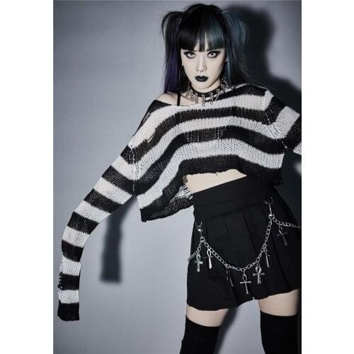 Ruibbit Japanese Harajuku Gothic Girls Punk Pink Stripe Sweater Women Rock Hole Striped Loose Sweaters Knitted Jumpers Sweater