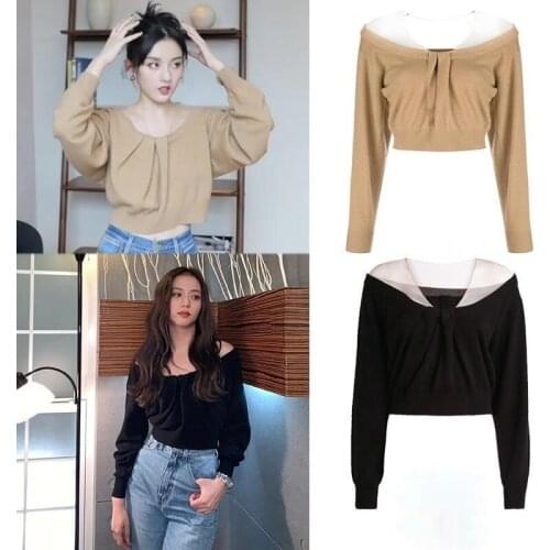Kpop IU Seo Yea Ji Spring New Black Mesh Patchwork Perspective Sweater Women Nightclub Party Sexy Slim V-neck Knitted Sweaters