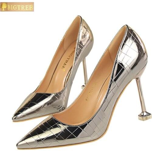 BIGTREE women pumps Retro 9.5CM Thin High-heeled Shallow mouth Pointed Toe Stone pattern Sexy Nightclub womens shoes