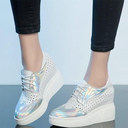 Lace Up Platform Pumps Shoes Women Hollow Cow Leather Wedges High Heel Ankle Boots Female Summer Fashion Sneakers Casual Shoes