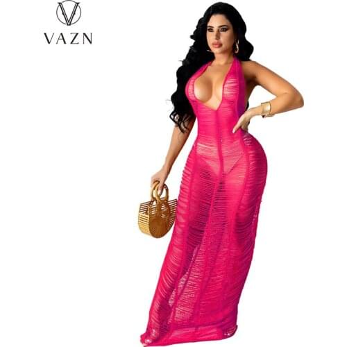 VAZN 2021 Party Transparent Mesh Fabric Dress Sleeveless V-neck Solid Hole Out Energetic Suitable Dress