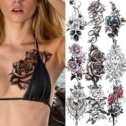 DIY Peony Rose Black Temporary Tattoos For Women Girls Fake Jewelry Lace High Quality Fake Tatoo Lion Hot Sale Tatoos Sticker