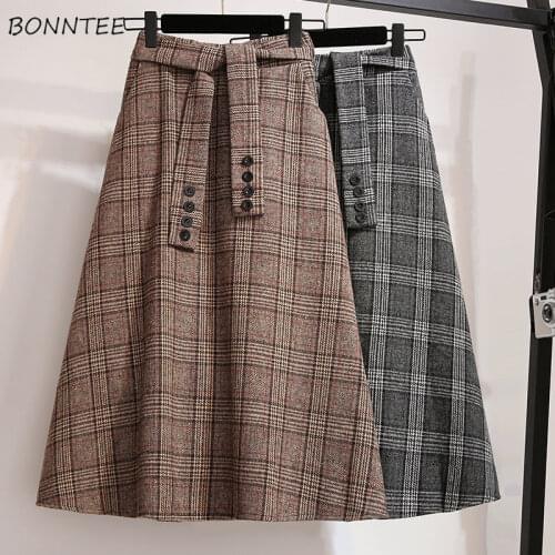 Skirts Women Large Size 3XL Plaid Button Mid-calf Empire Slim Soft Vintage Outwear Daily Korean Style All-match Casual Fashion