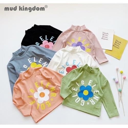 Mudkingdom Girls T-shirts Long Sleeve Mock Neck Flower Letter Corduroy Casual Tops for Toddler Drop Shoulder Slim Undershirts