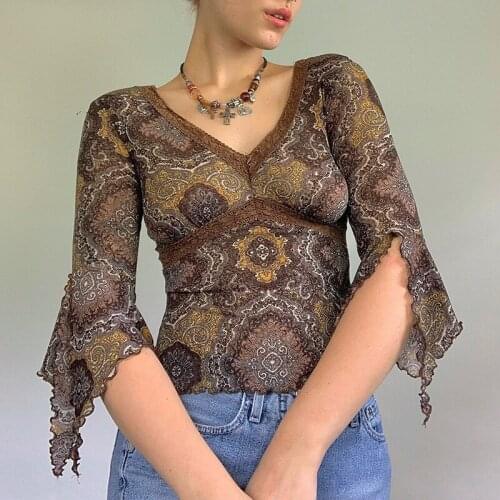 Women Sexy Vintage Flower Printed V-neck T-shirts Brown Irregular Sleeves Close-fitting Lace Mesh Crop Tops S/ M/ L