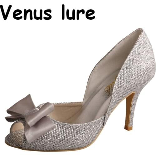 Venus lure Grey Shoes for Wedding Peep Toe Shoes for Women Bow Pumps Size 8