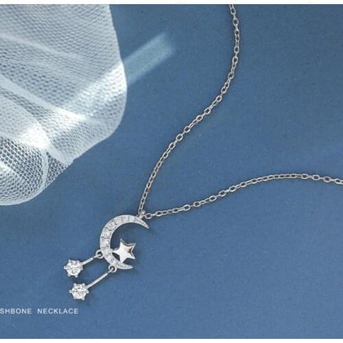 925 Sterling Silver Crescent Moon & Star Zircon Necklaces Pendants For Women Accessories Fine Jewelry Silver Chain Collar NK039
