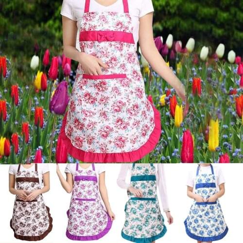 Women Floral Bowknot Waterproof Kitchen Restaurant Cooking Pocket Dress Apron