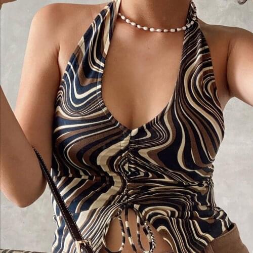 2021 Brown Halter Ruched Y2k Crop Top Shirring Tie Up Exposed Navel Tank Top Womens Summer V Neck Wave Print Beach Holiday Vest