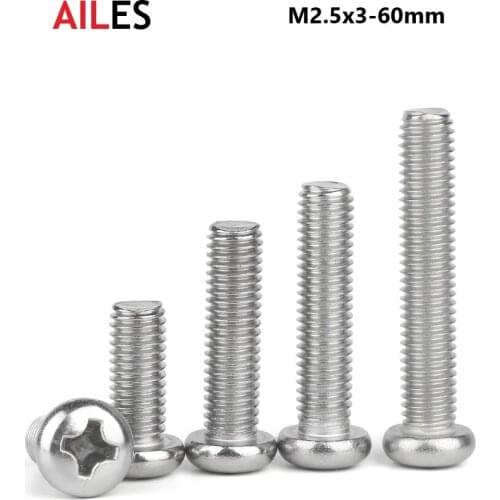 2.5mm Cross Recessed Pan Round Head 304 Screws Stainless Steel Phillips Machine Bolts M2.5 x 3 4 5 6 8 10 30 35 40 45 50 55 60mm