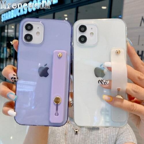 Wrist Strap Transparent Phone Case For iPhone 12 11 Pro XS Max X XR 12 Mini 6 6S 7 8 Plus SE2 Candy Color Clear Soft Back Cover