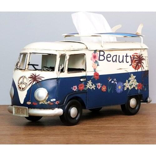 Flower Retro Iron Bus Tissue Box Model Figurines Car Craft Home Decoration Accessories for Living Room Ornaments for Home Decor