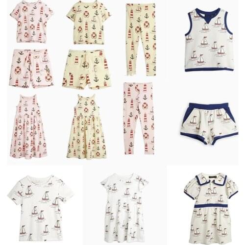 2021 New Summer Kids T-shirts Mini Brand Girls Boys Sailboat Pattern Pullover Baby Children Cotton Fashion Outfits Clothes Tops