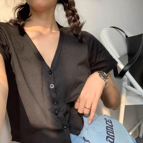 Womens t-shirts Summer y2k Cotton Buttons Short sleeve Short top T-shirt Korean Ulzzangharajuku Kpop Sexy dropshipping clothes