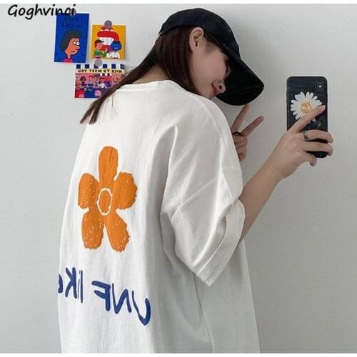 Short Sleeve T-shirts Women Flower Printing O-neck Baggy Student Sweet Casual Tops Harajuku Couple Street Wear Ins Stylish Tees