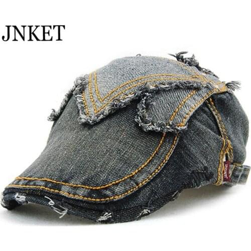 JNKET Denim Worn-out Style Men and Women‘s Peaked Cap Beret Hat Sunhat Casual Pure Cotton Duckbill Cap Gatsby Cap Casquette