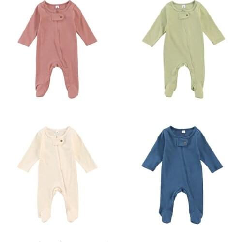 0-6M Newborn Solid Color Romper, Infant Long Sleeve Round Neck Zip-up Footed Jumpsuit Cotton Soft Playsuit Sleepwear Autumn 2020