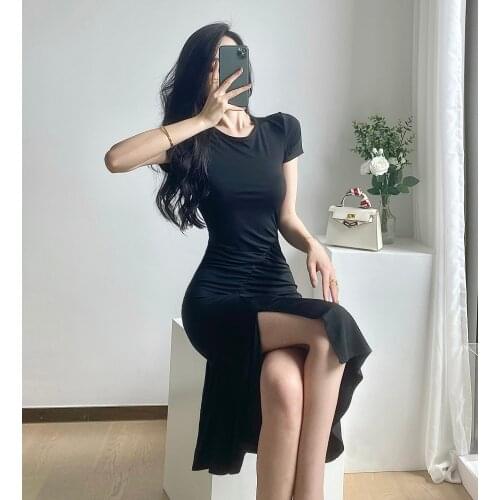 Summer Party Basic Dresses Ladies Short sleeve Womens Solid Bodycon Stretch Midi Dress O Neck Slim Fashion woman black dress