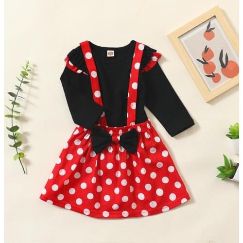 Hot spring and autumn new style 0-3 years old girl black long-sleeved T-shirt + red bottom and white dot suspender skirt