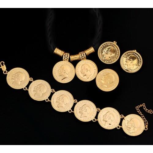 Ethiopian Coin Necklace Pendant Earrings Ring Bracelet Fashion Gold Color Coin Jewelry Sets