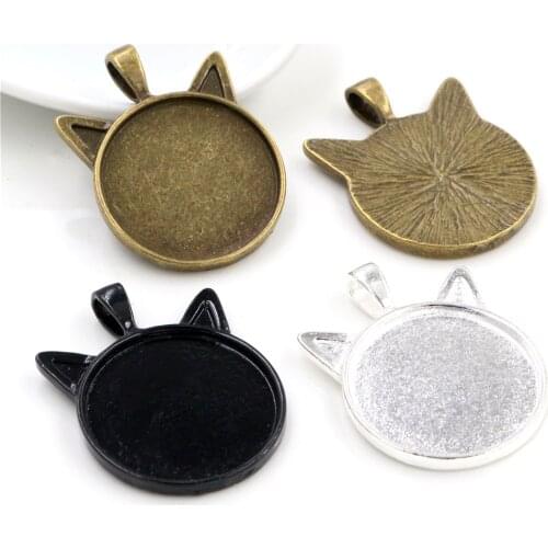 New Fashion 5pcs 25mm Inner Size Black and Bright Silver Plated / Bronze plated Cat Style Cabochon Base Setting Charms Pendant
