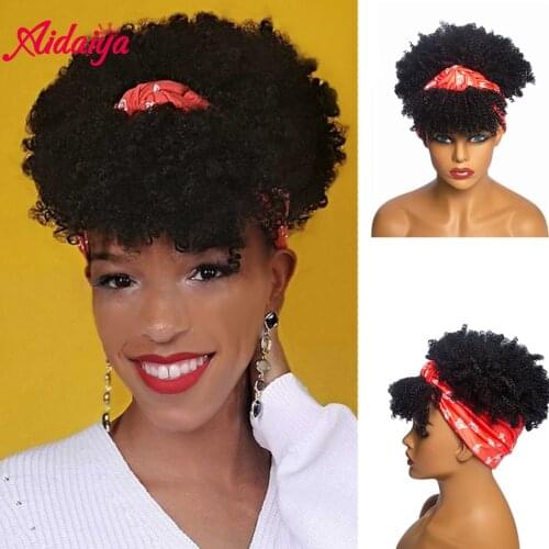 AIDAIYA Drawstring Afro Kinky Curly Wig Synthetic Short Wig With Bangs Turban Wrap-wig Afro Puff Headband Wigs For Black Women