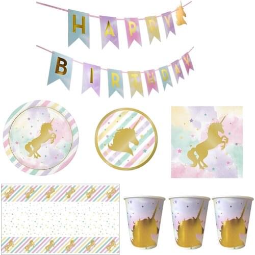 Disposable Tableware Unicorn Party Pull Flag Napkins Cups Plates Tablecloth Happy Birthday Decoration Baby Shower Supplies