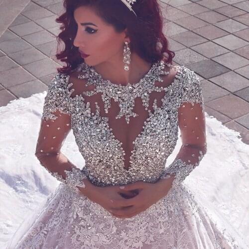 Stunning Long Sleeve Lace Wedding Dresses 2020 Luxury Beading Crystals Vintage Wedding Bridal Gowns Vestidos De Noiva Renda